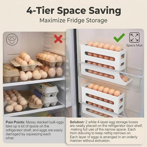 28 Egg Holder for Fridge, 4-Tier Auto Rolling Egg Organizer for