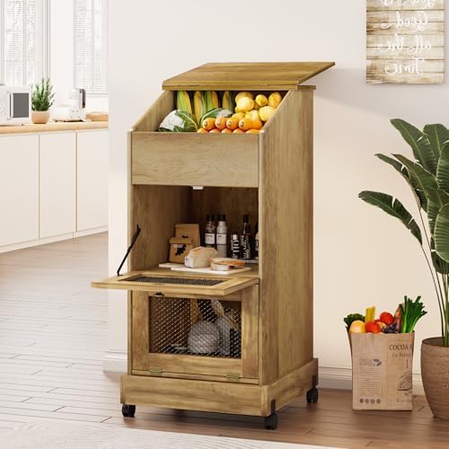 Potato Storage Bin, Wooden Bread Bins with Wheel, Movable Onion