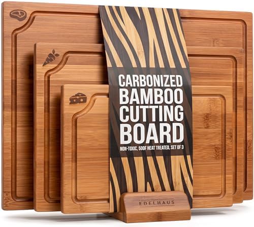 EDELHAUS Carbonized Bamboo Cutting Board Set of 3 with Stand, Non