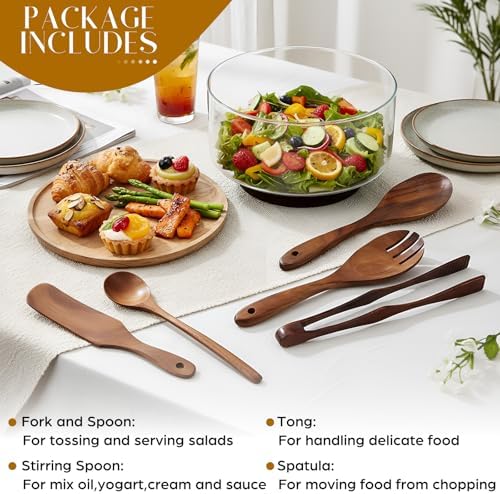 FoldTier Large Glass Salad Bowl Set, Party Salad Bowl with Acacia Wood