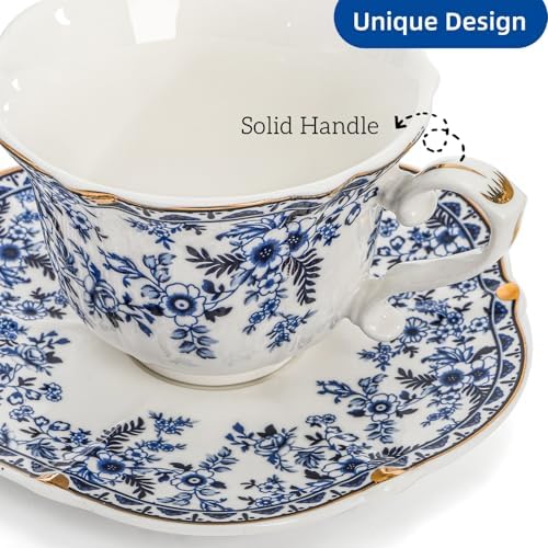 Set of 2 Porcelain Tea Cups and Saucers with Spoon, 6 Oz