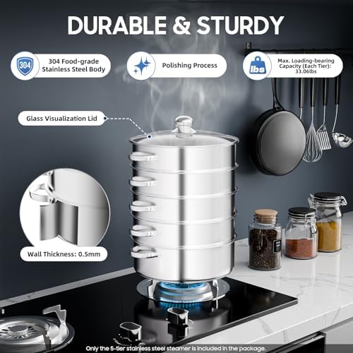 5 Tier Steamer Cooker,Home Steam Pot Set,Multi tier Stainless Steel Kitchen Cookware Hot Pot for Cooking Vegetables, Seafood, Soups, Stews and Pasta (Silver, 11 * 17.71 in)