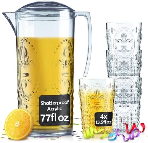Muldale Plastic Pitcher and Glasses Set with Lid - BPA Free Large