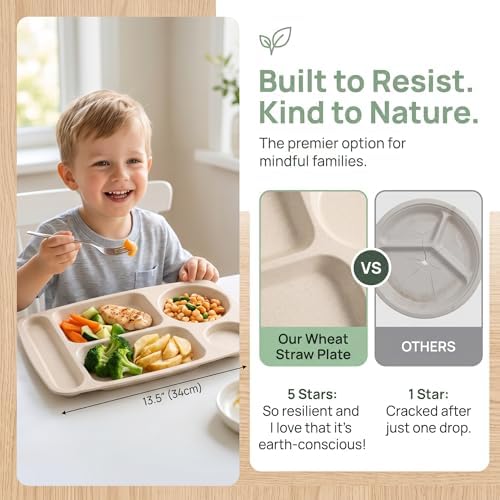 WUWEOT 8 Pack Divided Food Plates, 13.5" Wheat Straw Tray