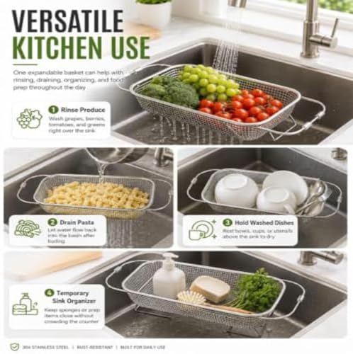 Expandable Over Sink Colander 304 Stainless Steel Fine Mesh Strainer