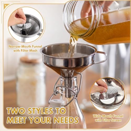 2 Sets Kitchen Stainless Steel Funnel Set Filter Funnel Wide Mouth and