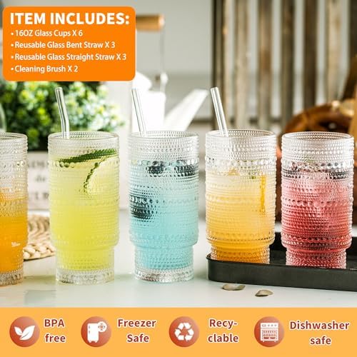 KEMORELA Vintage drinking glasses set of 6, Large 16oz Hobnail