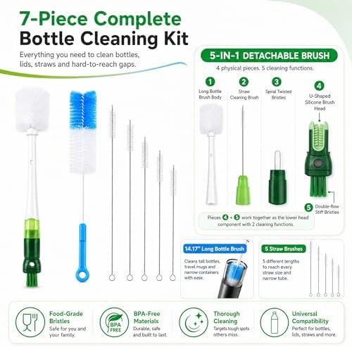 5-in-1 Water Bottle Cleaner Brush Set - 7 Pack, 14.17" Long Narrow