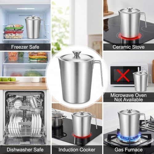 Stainless Steel Pitcher with Lid, 70 oz/2 L Metal Measuring Cup