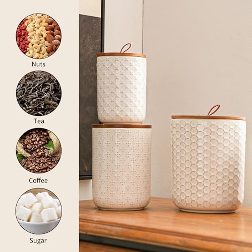 JOJUNO White Embossed Ceramic Canister 3 Piece with Airtight Bamboo