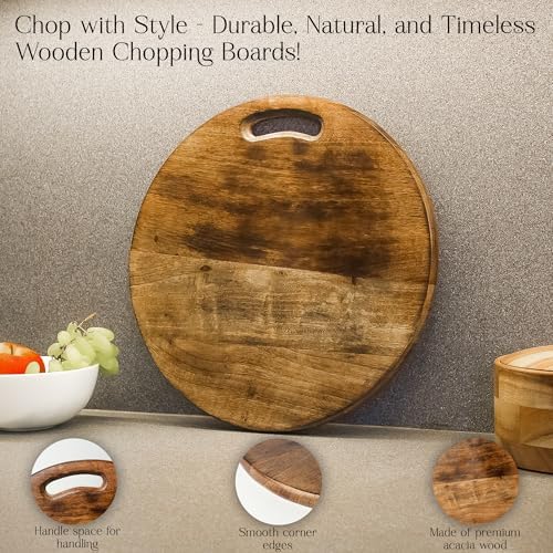 Round Acacia Wood Cutting Board, 15” with Handle