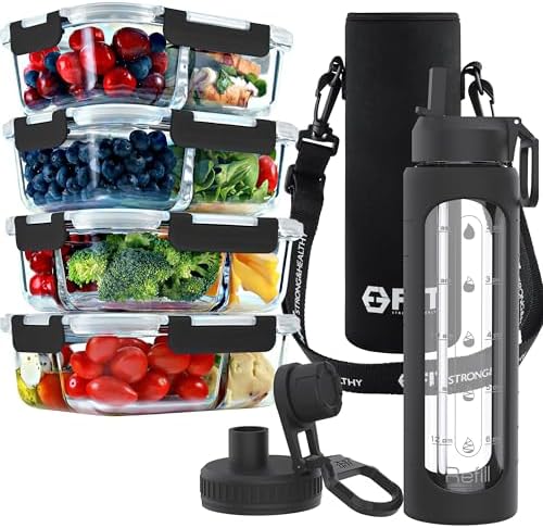 Glass Meal Prep Containers 32 oz & Glass Water Bottle with Time Marker
