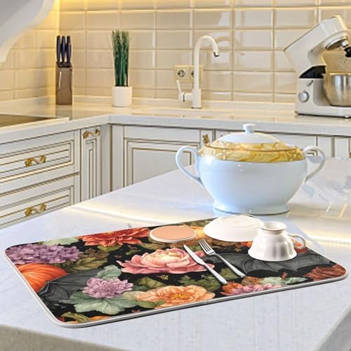 OTVEE Halloween Black Art Dish Drying Mat for Kitchen Counter