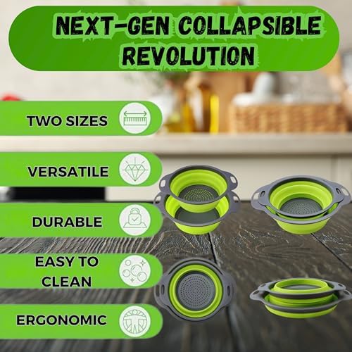 Collapsible Colander Set of 2, Foldable Silicone Pasta Strainer with