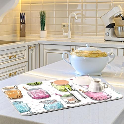 OTVEE Boba Beverage Art Dish Drying Mat for Kitchen Counter Absorbent