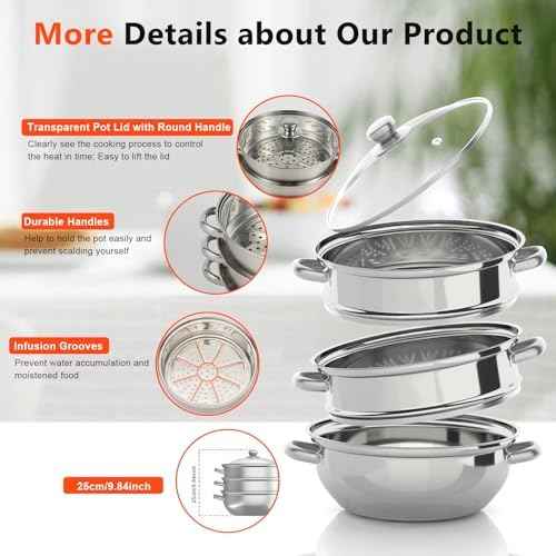 3-Tier Stainless Steel Steamer for Cooking, 28cm Multipurpose Food Steaming Cookware with Glass Lid, Dishwasher for Seafood Vegetables Rice Compatible with Gas Electric Induction & Halogen Stoves
