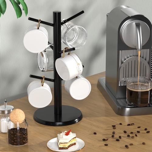 Coffee Mug Holder with 6 Hooks, Bamboo Mug Tree Stand for Countertop
