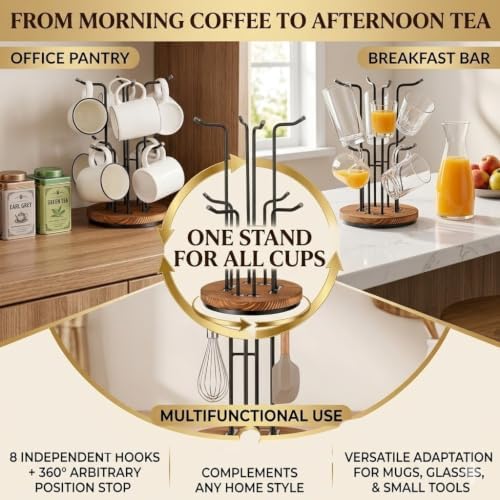 360° Rotating Mug Tree for Countertop with 8 Hooks for Kitchen Coffee