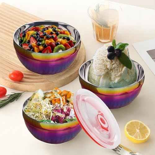 Rainbow Bowl Set of 6 with Lids, Stainless Steel Dinnerware Metal Double-walled Insulated Cereal Bowls for Eating Kitchen, Dishwasher Safe and Unbreakable