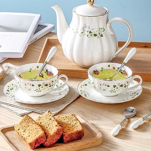 Lyellfe Set of 2 Tea Cup and Saucer, 6 Oz Floral Cup with Spoon Gold