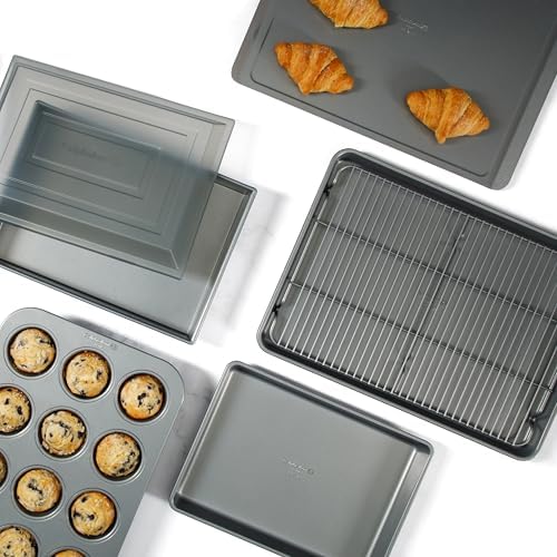 Calphalon Titan 10-Piece Nonstick Bakeware Set, Baking Sheet Set, Steel Core PFA-Free Nonstick Coating, Oven Safe, Includes Sheet Pans, Muffin Pan, Round Cake Pans, Loaf Pan and Cooling Rack - Silver