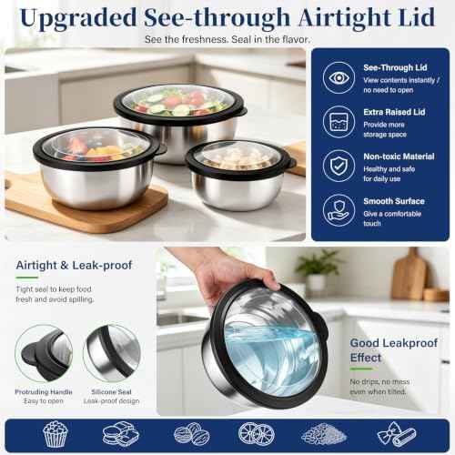 P&P CHEF Mixing Bowls with Lids Set of 3, Black Stainless Steel Salad Bowl