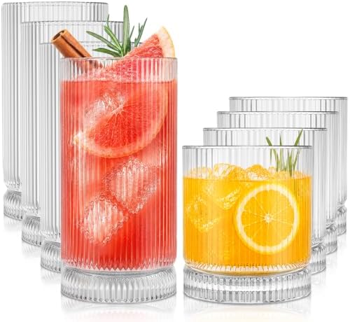 KEMORELA Ribbed Glassware Set of 8—4 Large Capacity Highball Glasses
