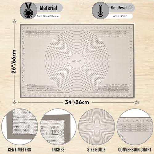 Silicone Pastry Mat 34x26 Inch Nonstick Baking Mat -Perfect for Dough