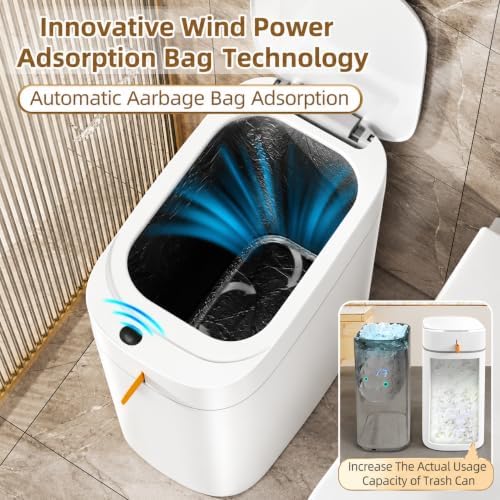 MUEE Automatic Bagging Bathroom Trash Can, 3.5 Gal, White