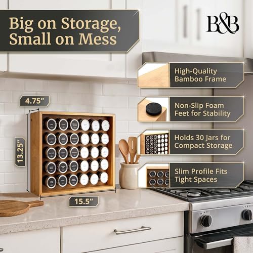 BOURBON & BARREL Wooden Spice Rack Organizer with Glass Jars