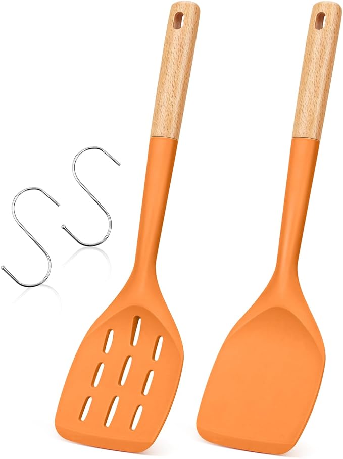 Pack of 2 Silicone Spatula, Non Stick Cooking Utensil Set, Wooden Handle by BADIANO