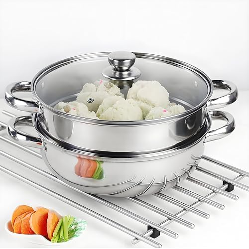 2-Tier 28cm 304 Stainless Steel Steamer Pot with Glass Lid,for Dumplings, Seafood, Veggie Stews & Homemade Soups