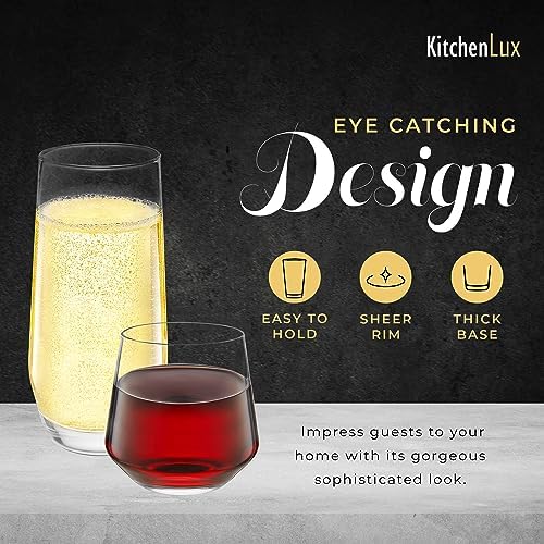 Kitchen Lux Drinking Glasses Set of 8 - Highball Tumbler & Rocks