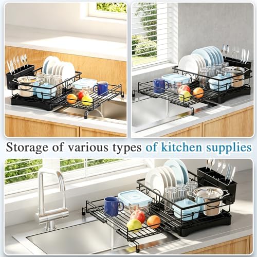 Expandable Dish Drying Rack for Kitchen Counter, Large Capacity Dish Rack with 360° Rotatable Drain Spout & Utensil Holder, Stainless Steel Dish Drainer for Kitchen Sink, Black