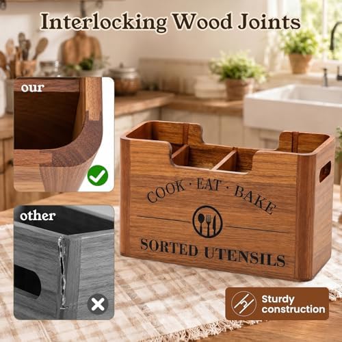 Upgraded Large 4-Compartment Acacia Wood Kitchen Utensil Holder