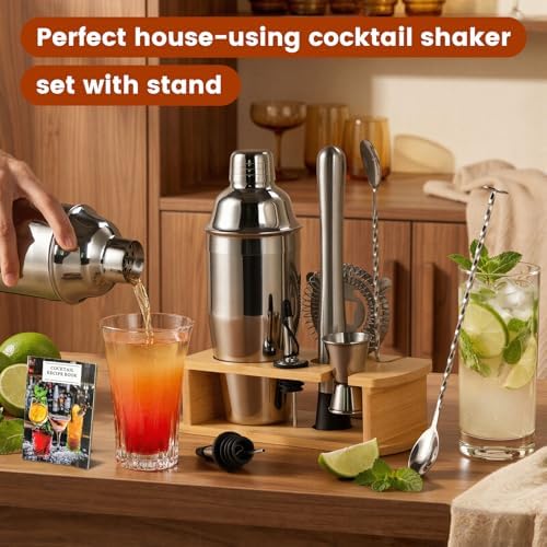 ZPUFAW 8-Piece Cocktail Shaker Set with Wooden Stand Bartender Kits
