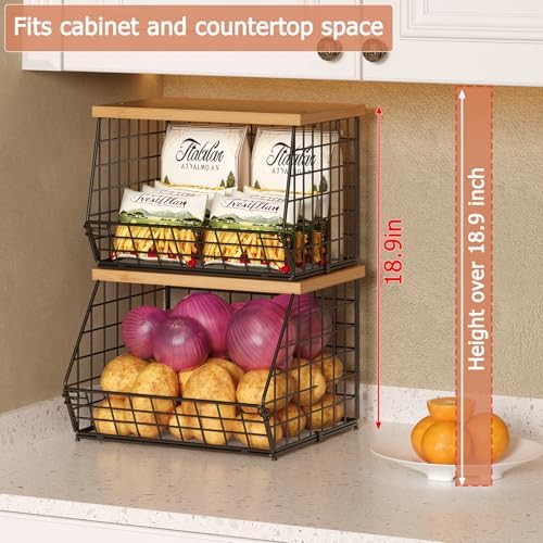 2 Set Stackable Wire Basket with Wooden Tops & Pad for kitchen