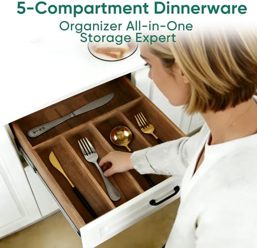 Acacia Wood Silverware Drawer Organizer, 5-Compartment Tray