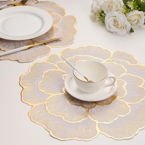 Evevda 15 Inch Gold Floral Shaped Vinyl Placemats for Dinner Table Set