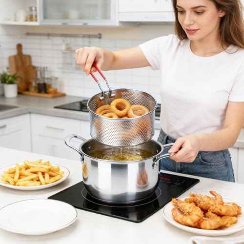 Deep Fryer Pot with Basket, Cooking Pot with Strainer Basket, 4.0L/4.2QT Multi-function Pot with Anti-scald Handle, Egg Steamer Rack & Lid, Stainless Steel Cookware for Home Kitchen Outdoor Camping