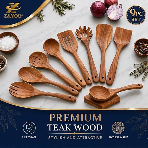 9-Piece Teak Wooden Utensil Set with Spoon Rest