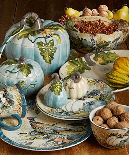 Harvest Gatherings 14 oz. Ceramic Fall Mugs, Set of 4 – Blue & White