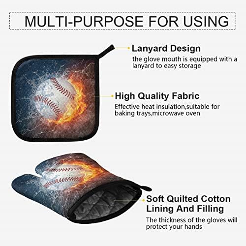 QMXO Baseball Sport in Fire Water Oven Mitts Quilted Cotton Lining