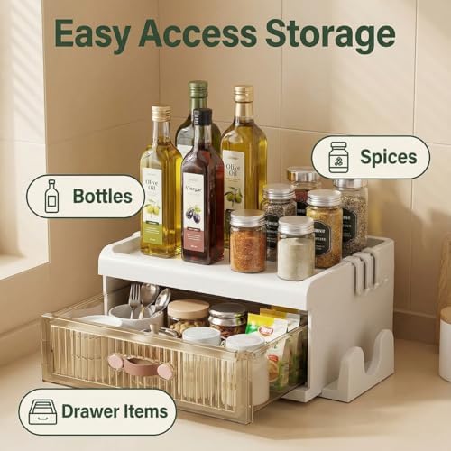 White Tabletop Spice Organizer with Hooks and Slot, Kitchen Countertop
