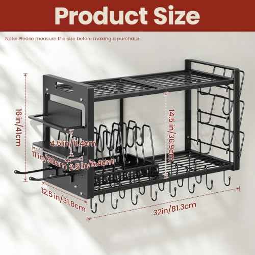 Pot Rack Wall Mount,4 in 1 Hanging Heavy Duty Metal Pan Shelf Organizer with 20 Hooks 3 Pot Lid Holder with 8 Adjustable Dividers Loads 100lbs for Kitchen Cookware and Utensil storage