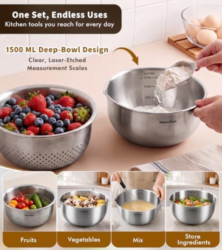 304 Stainless Steel Fine Mesh Colander Set, 2QT Large Capacity