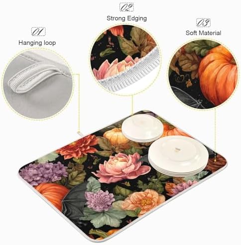 OTVEE Halloween Black Art Dish Drying Mat for Kitchen Counter