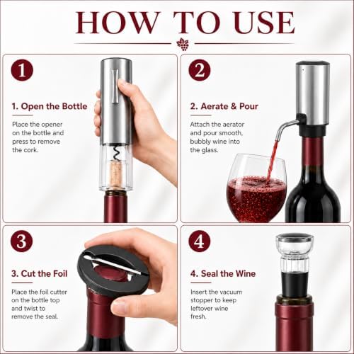 4-in-1,Premium,Rechargeable Wine Opener,Aerating Pourer,Stopper,Foil