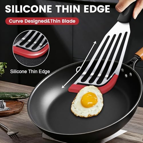 2Pcs Fish Spatula, Heat Resistant Silicone Edge for Nonstick Cookware
