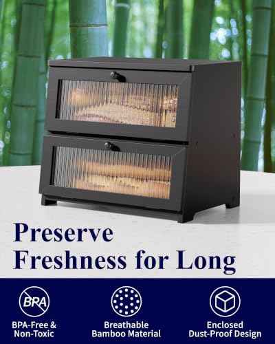 Kitsure Wooden Bread Box for Kitchen Countertop, 2-Tier, Black